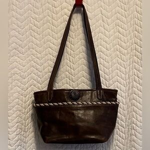 Brown Leather Shoulder Bag Snap Closure With Two Outer Pockets